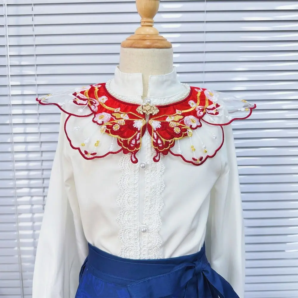 Embroidery Decoration Hanfu Shawl Butterfly Traditional False Floral Yunjian Pearl Round Neck Kids Shirt False Collar