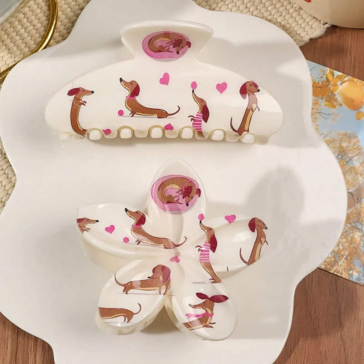 2Pcs Cute Pink Dachshund Heart Print Hair Claw Clips For Women Flower and Large Half-Circle Fashion Hair Accessories Shark Clips