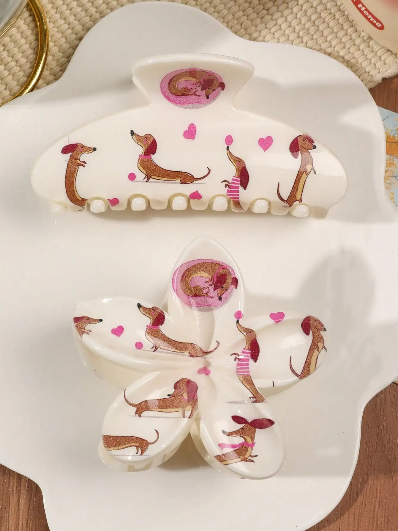 2Pcs Cute Pink Dachshund Heart Print Hair Claw Clips For Women Flower and Large Half-Circle Fashion Hair Accessories Shark Clips