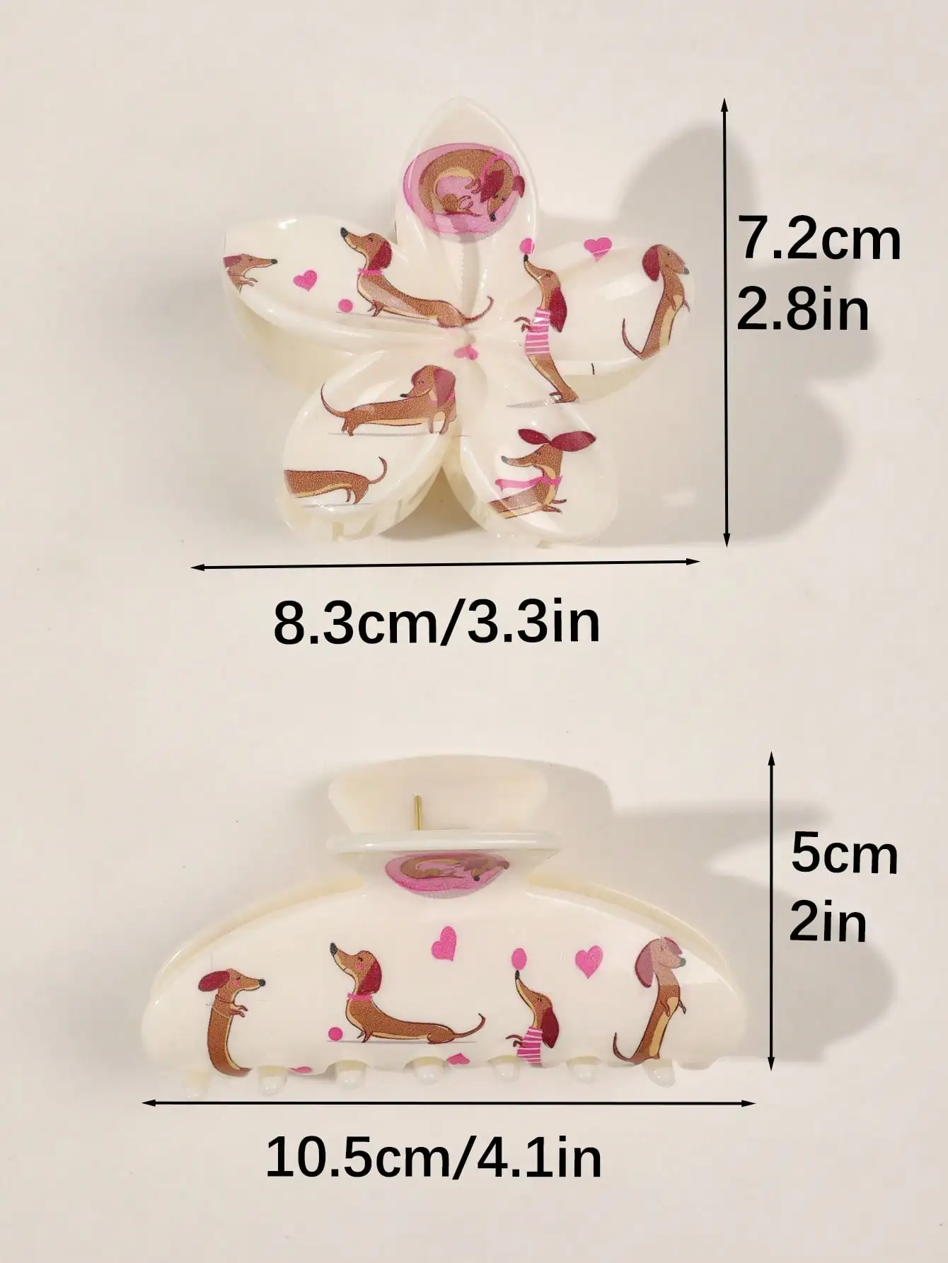 2Pcs Cute Pink Dachshund Heart Print Hair Claw Clips For Women Flower and Large Half-Circle Fashion Hair Accessories Shark Clips