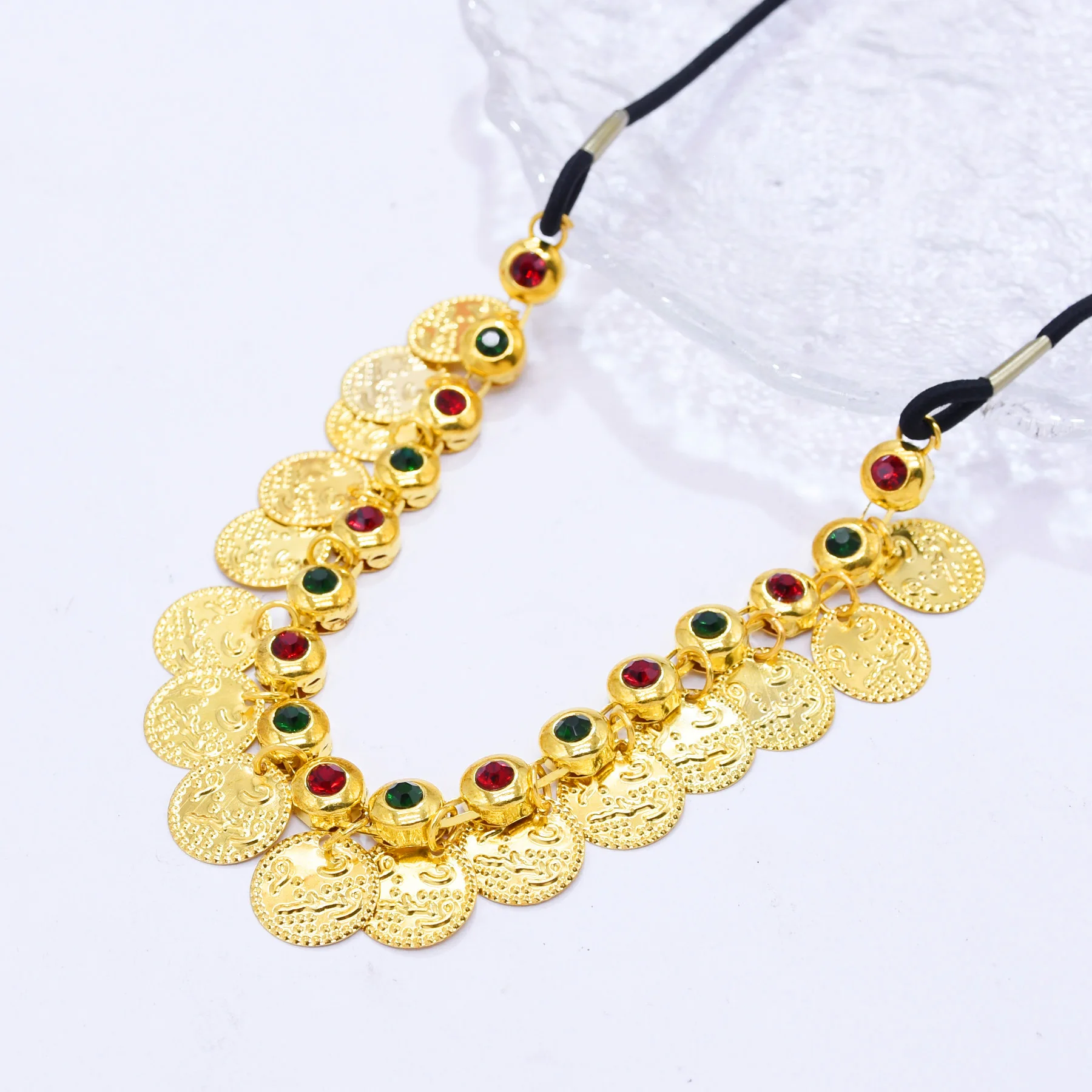 New Trendy Ethnic Style Rhinestone Forehead Chain Vintage Coin Tassel Headband Punk Style Gold Alloy Hair Accessory