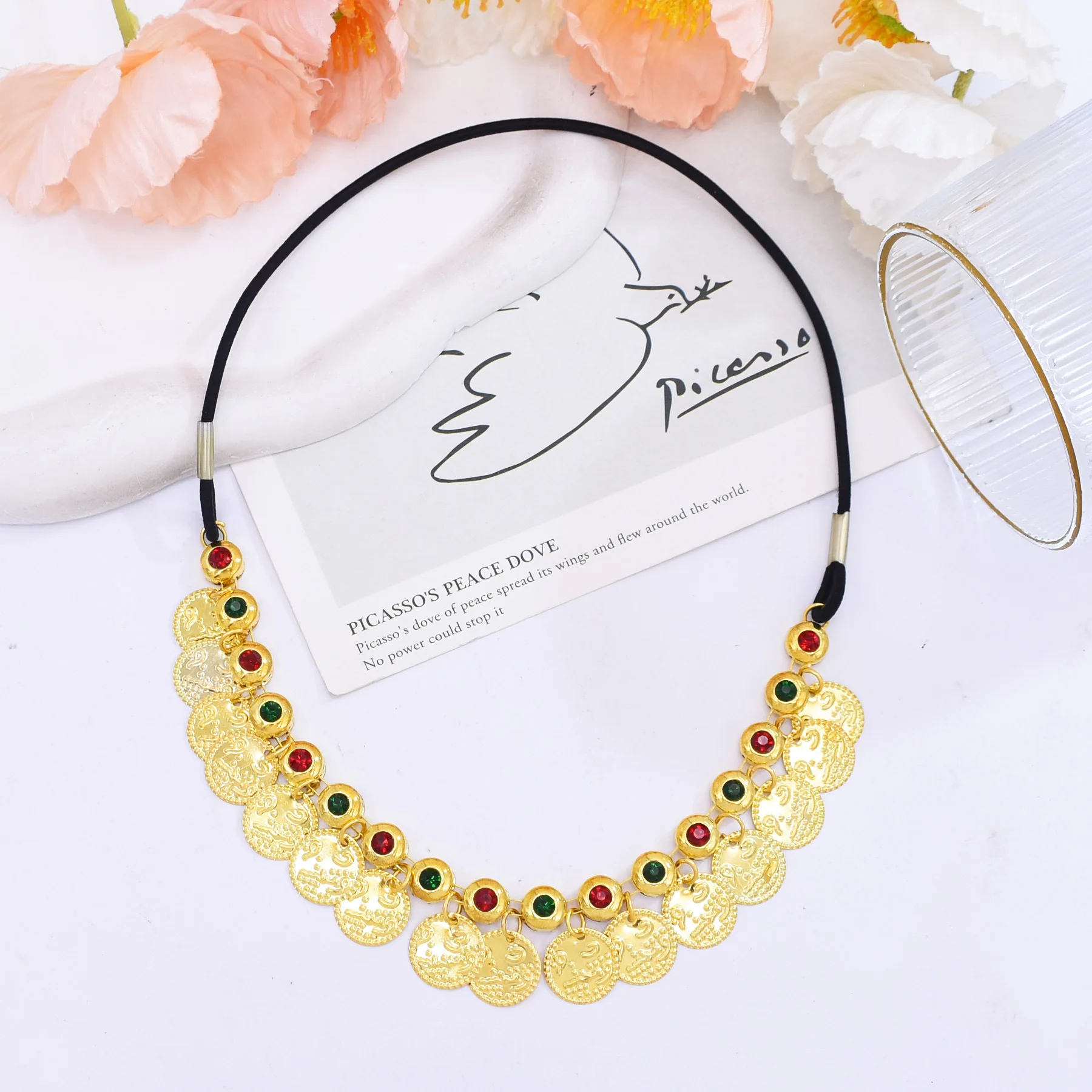 New Trendy Ethnic Style Rhinestone Forehead Chain Vintage Coin Tassel Headband Punk Style Gold Alloy Hair Accessory