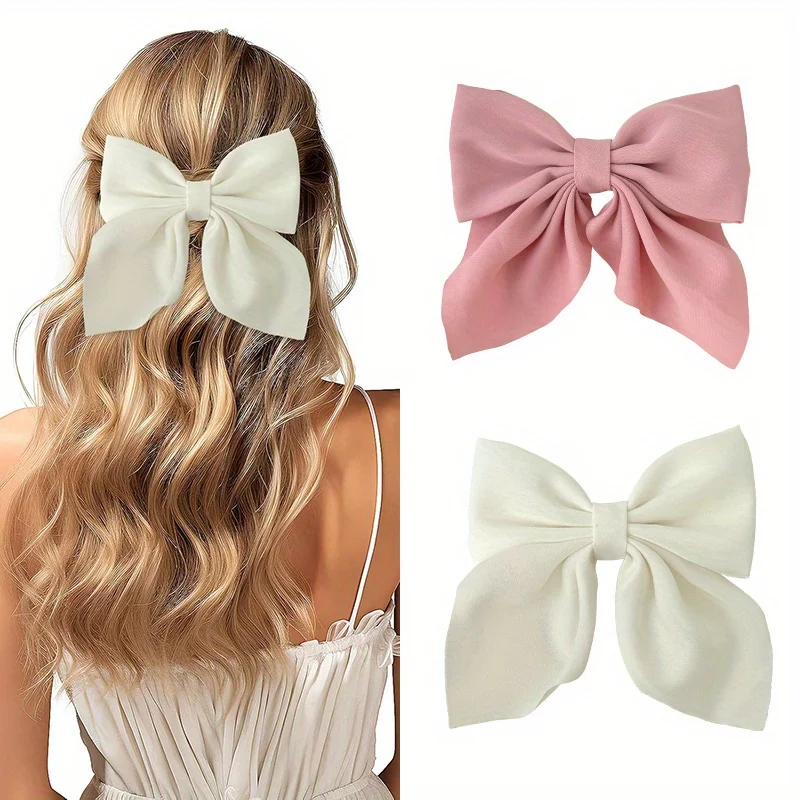 2/3/4/5pcs Girls Fashion Colors Short Bow Hair Clips, Soft Classic-Tailed Bow Hairpins, Vintage Metal Hair Clip Silk Headband, E
