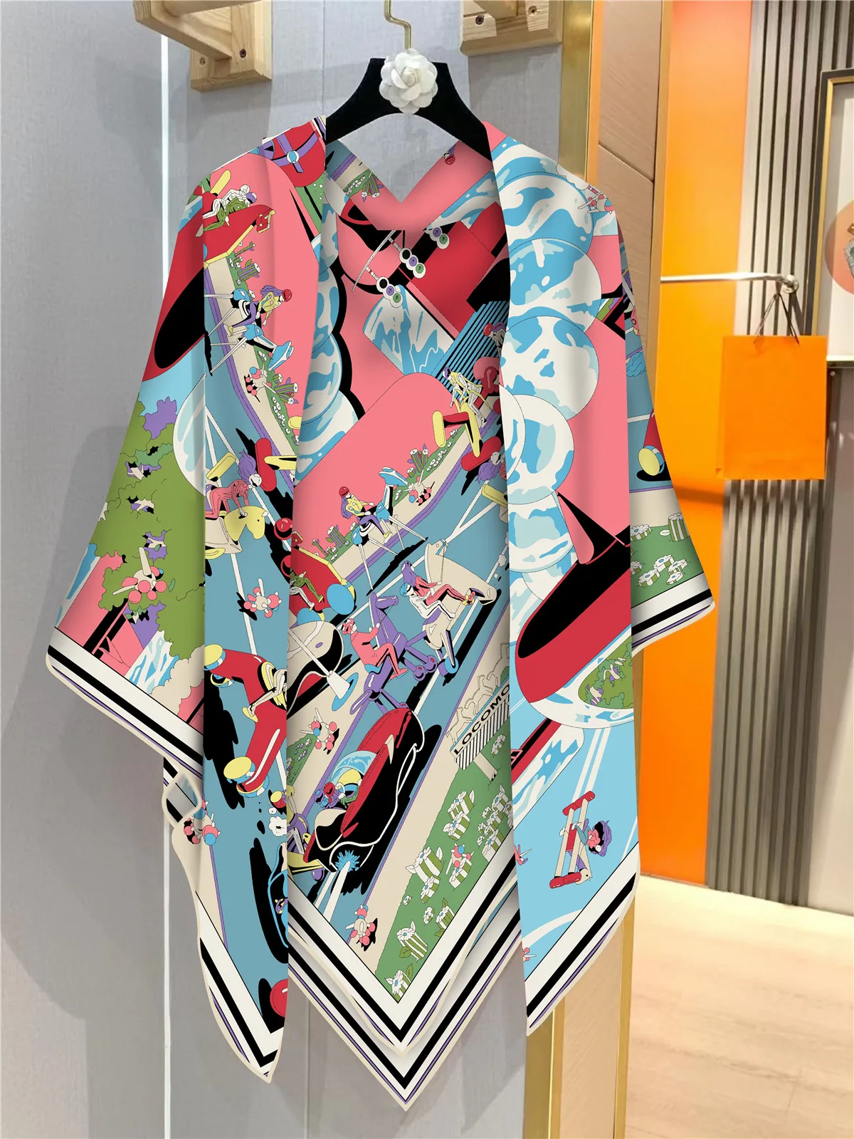 130Cm French New Surreal Hub Carriage Imitation Silk Wool Travel Shawl Thermal Scarf Large Square Scarf Scarf