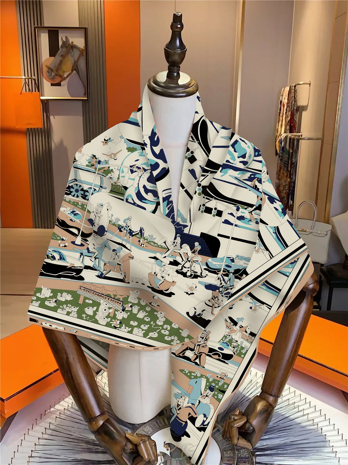 130Cm French New Surreal Hub Carriage Imitation Silk Wool Travel Shawl Thermal Scarf Large Square Scarf Scarf