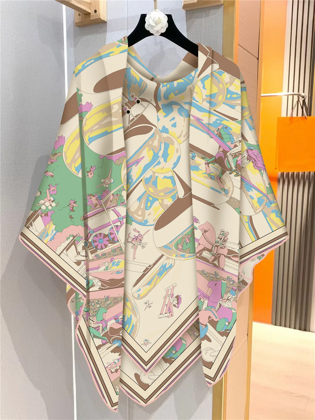 130Cm French New Surreal Hub Carriage Imitation Silk Wool Travel Shawl Thermal Scarf Large Square Scarf Scarf