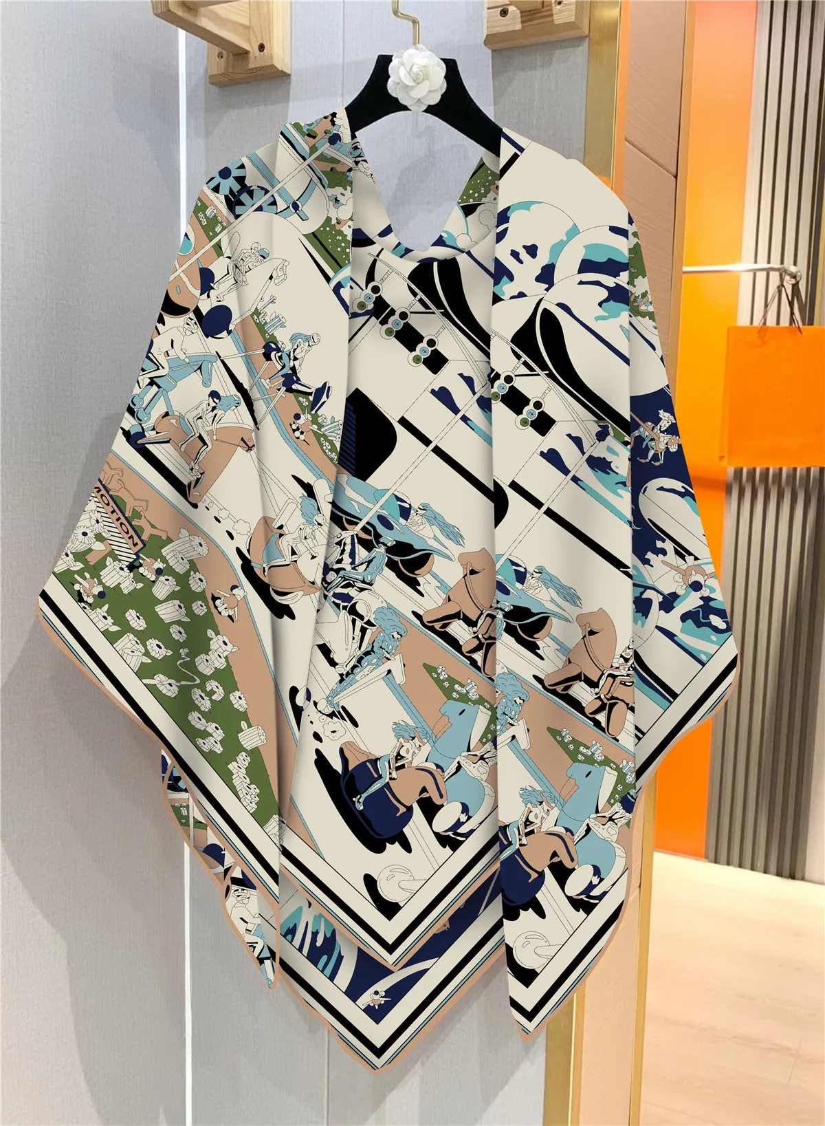 130Cm French New Surreal Hub Carriage Imitation Silk Wool Travel Shawl Thermal Scarf Large Square Scarf Scarf