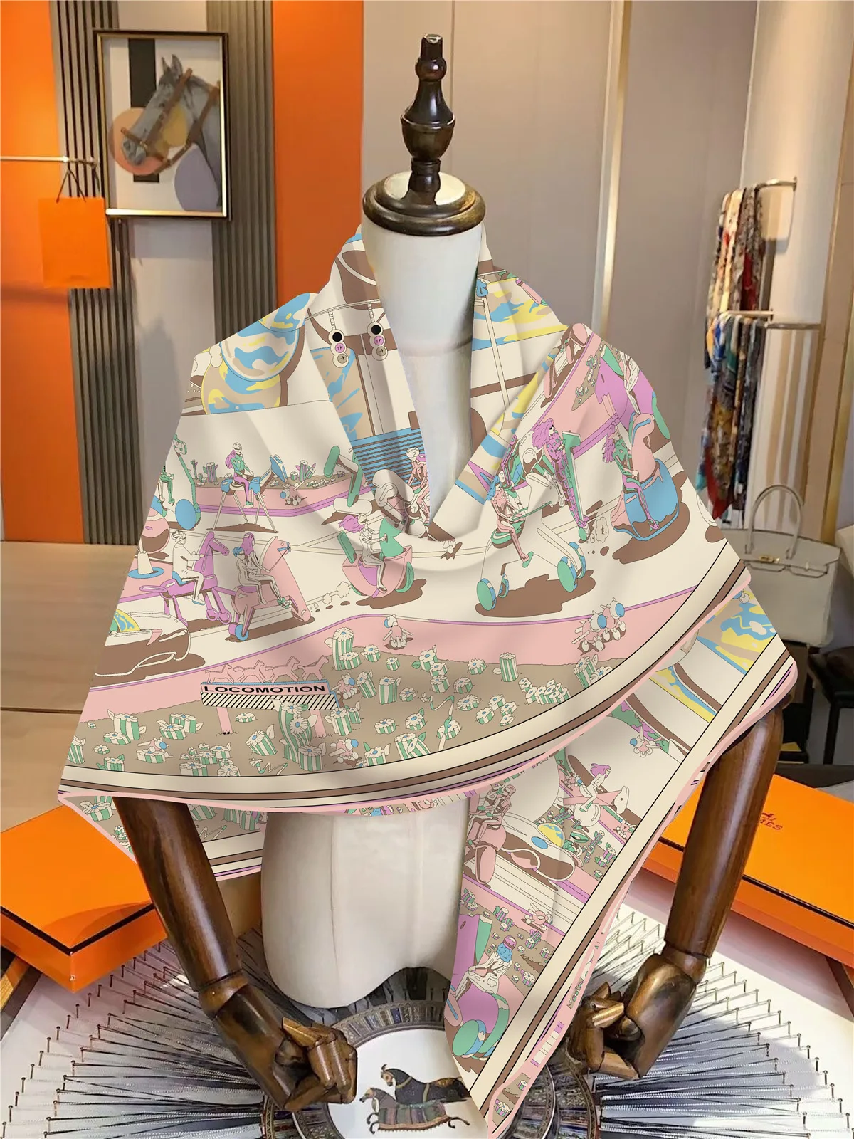 130Cm French New Surreal Hub Carriage Imitation Silk Wool Travel Shawl Thermal Scarf Large Square Scarf Scarf