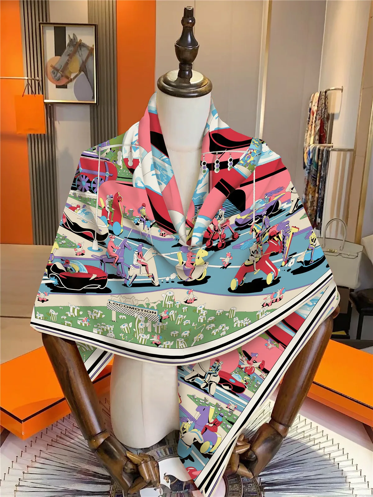 130Cm French New Surreal Hub Carriage Imitation Silk Wool Travel Shawl Thermal Scarf Large Square Scarf Scarf