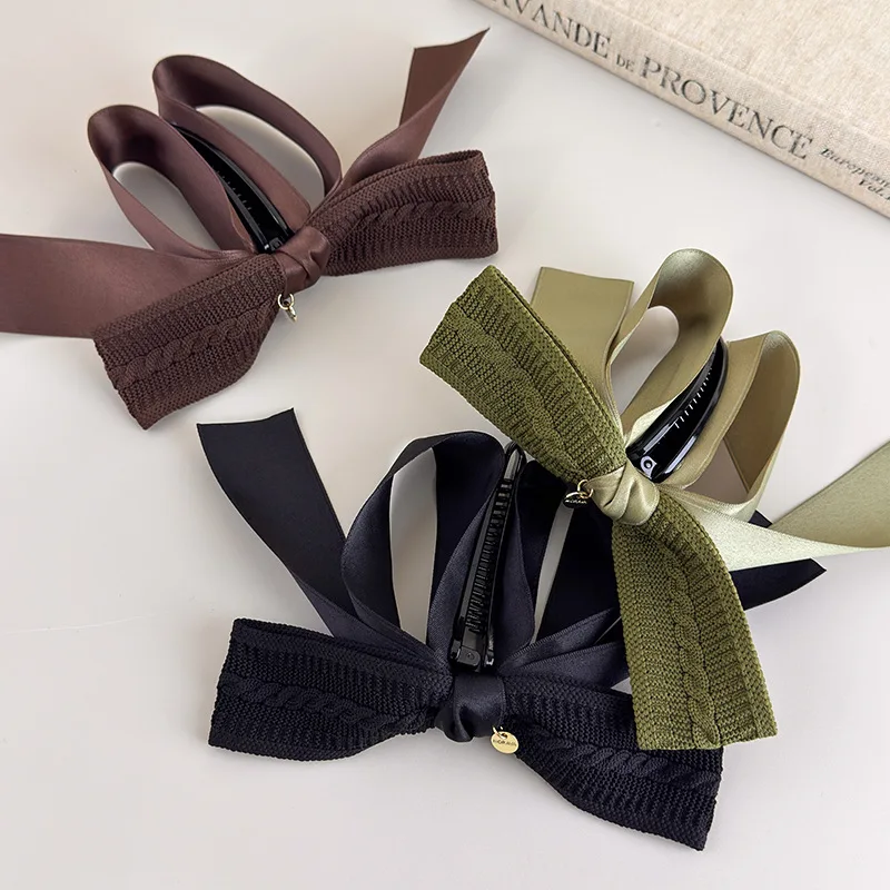 Autumn-Winter Melange~Retro Knit Bow Banana Clip for Women Large Size Anti-Slip High Ponytail Twist Hair Clip