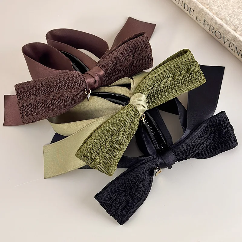 Autumn-Winter Melange~Retro Knit Bow Banana Clip for Women Large Size Anti-Slip High Ponytail Twist Hair Clip