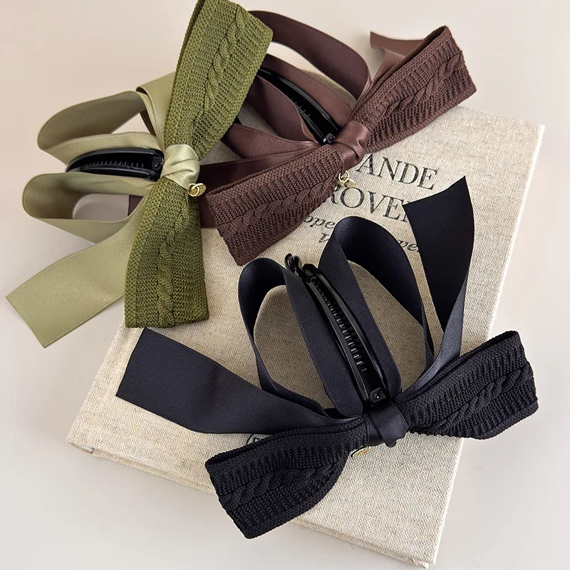 Autumn-Winter Melange~Retro Knit Bow Banana Clip for Women Large Size Anti-Slip High Ponytail Twist Hair Clip