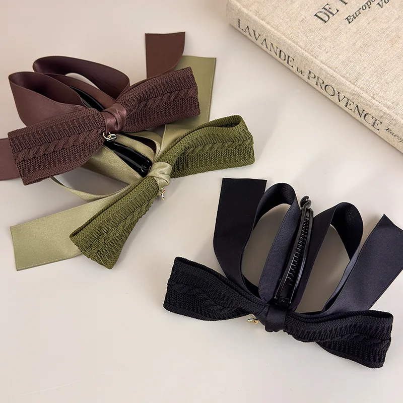Autumn-Winter Melange~Retro Knit Bow Banana Clip for Women Large Size Anti-Slip High Ponytail Twist Hair Clip