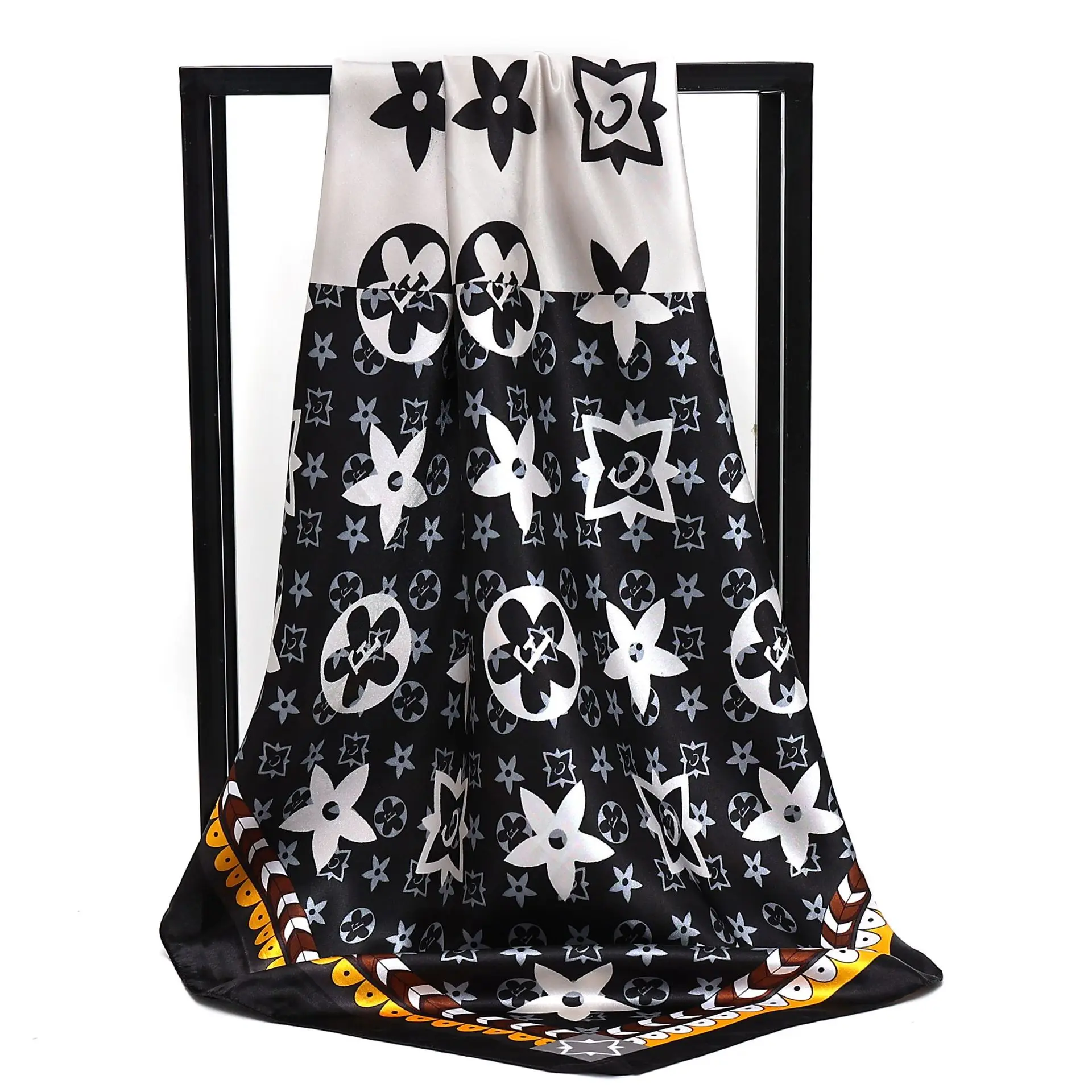 90X90cm 2025 New Women Luxury Print Satin Silk Scarves Square Scarf Hijab Neckerchief Female Hair Ribbon Headband Wrap Bandana