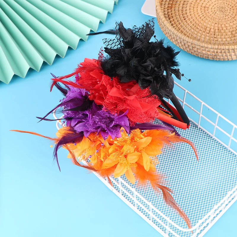 1Pcs Women Fascinator Hat Headband Flower Feather Mesh Yarn Cocktail Party Wedding Hair Accessories Head Decoration
