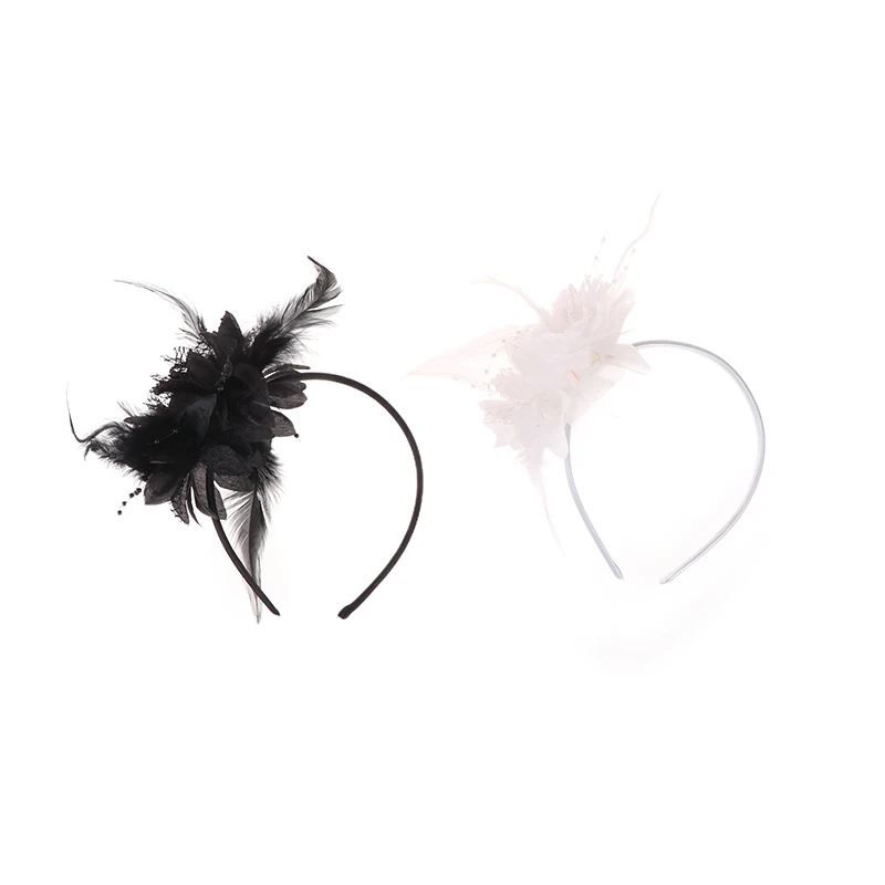 1Pcs Women Fascinator Hat Headband Flower Feather Mesh Yarn Cocktail Party Wedding Hair Accessories Head Decoration