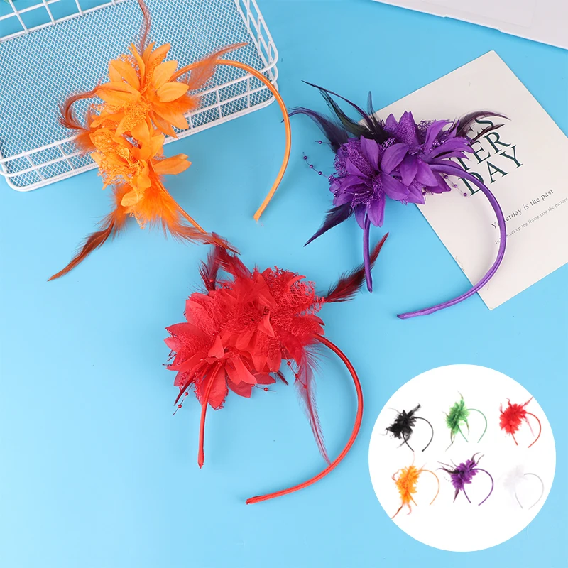 1Pcs Women Fascinator Hat Headband Flower Feather Mesh Yarn Cocktail Party Wedding Hair Accessories Head Decoration