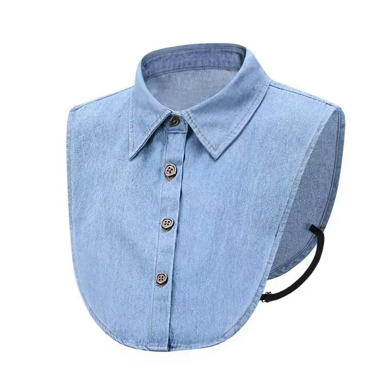 Women's Blue Washed Denim Pointed Collar Fake Collar, Professional Casual Versatile Decoration Half Shirt Style Collar