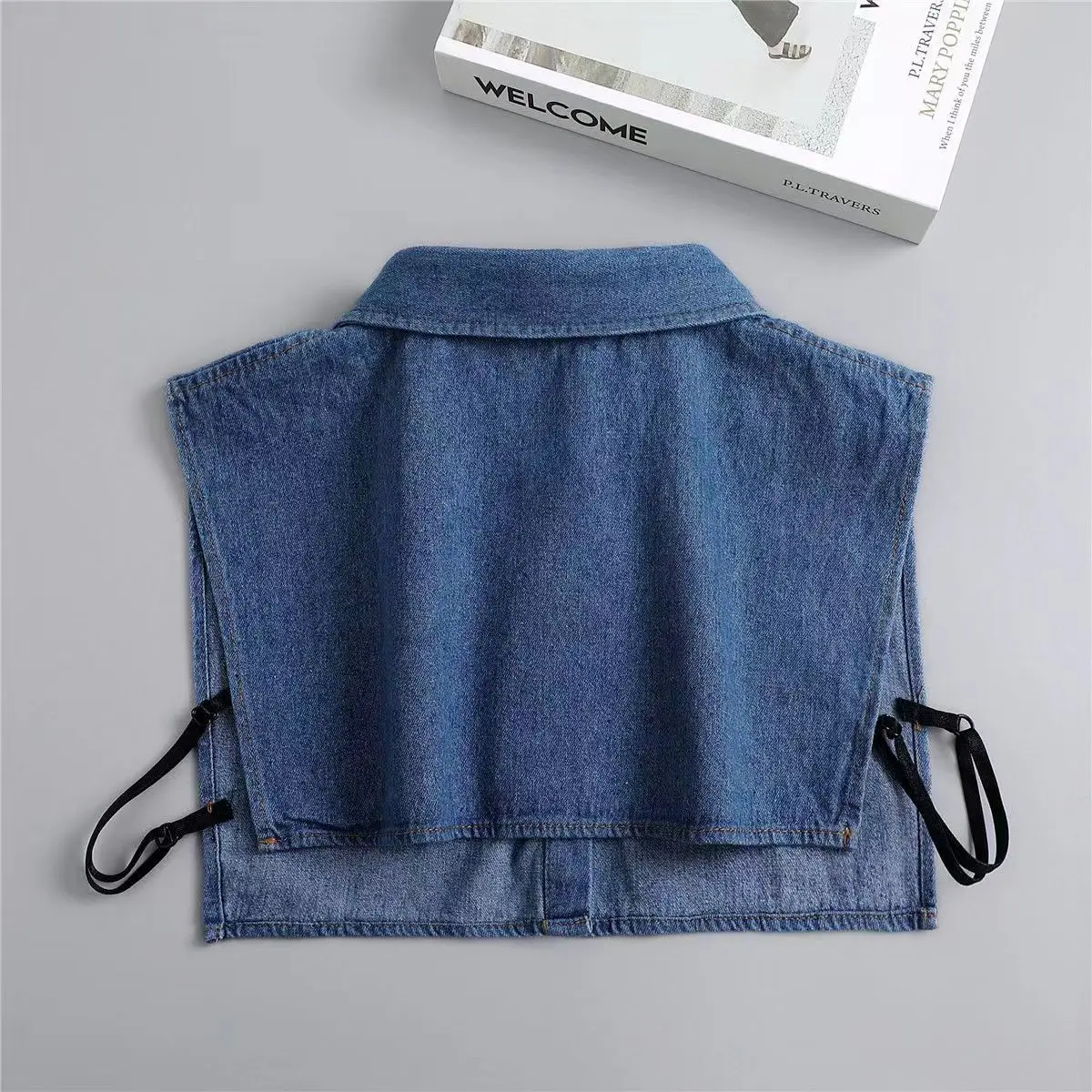 Women's Blue Washed Denim Pointed Collar Fake Collar, Professional Casual Versatile Decoration Half Shirt Style Collar
