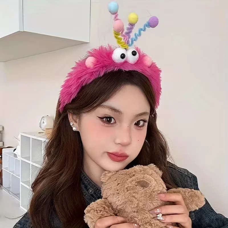 Cute Plush Big-Eyed Twist Stick Headband for Women - Soft, Non-Slip Hair Accessory Perfect for Face Washing & Styling