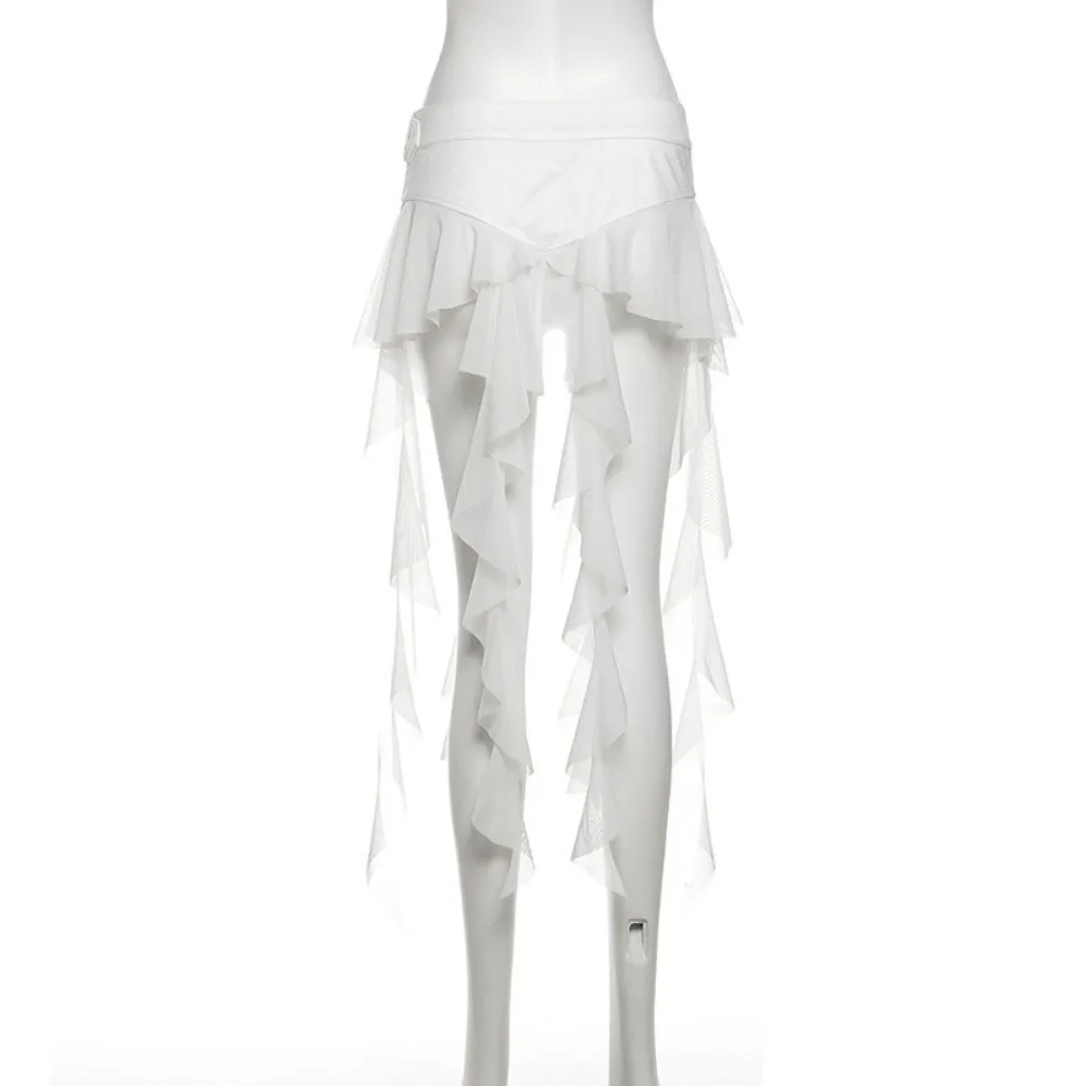 Fashion Irregular Ruffles Belts for Women Long Tassel Adjustable Buckle Waistband Y2K White Mini Skirt Streetwear
