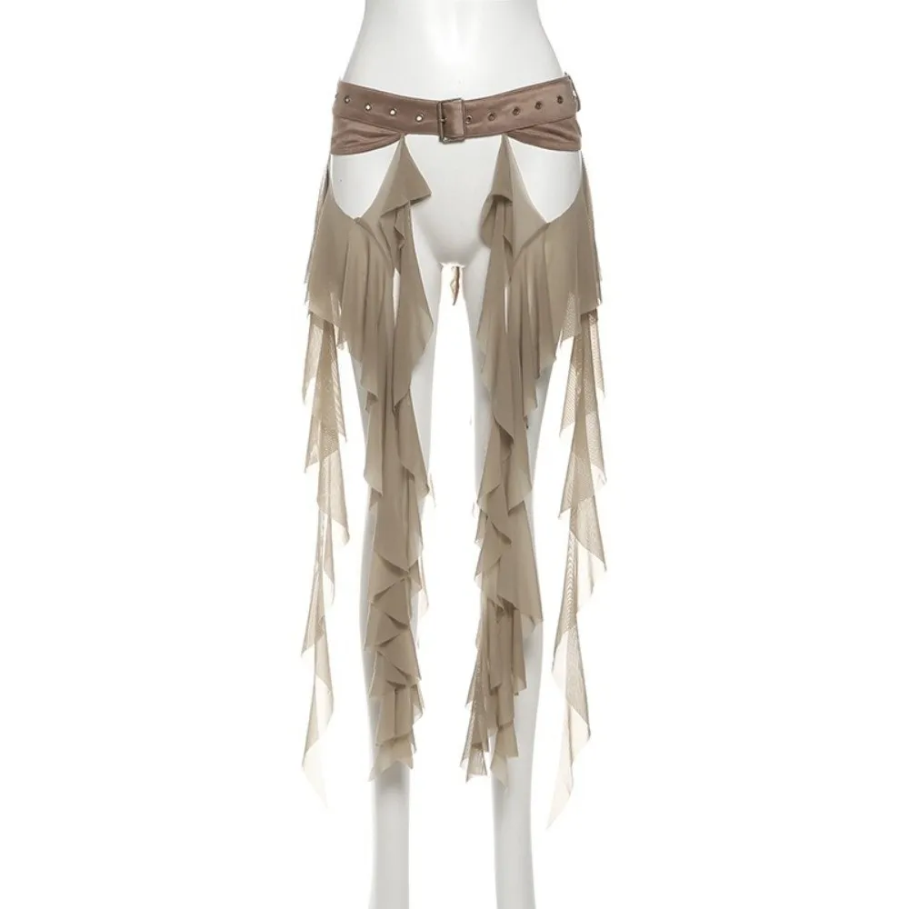 Fashion Irregular Ruffles Belts for Women Long Tassel Adjustable Buckle Waistband Y2K White Mini Skirt Streetwear