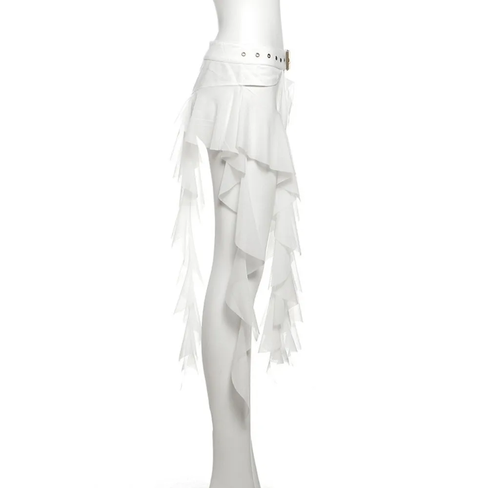 Fashion Irregular Ruffles Belts for Women Long Tassel Adjustable Buckle Waistband Y2K White Mini Skirt Streetwear
