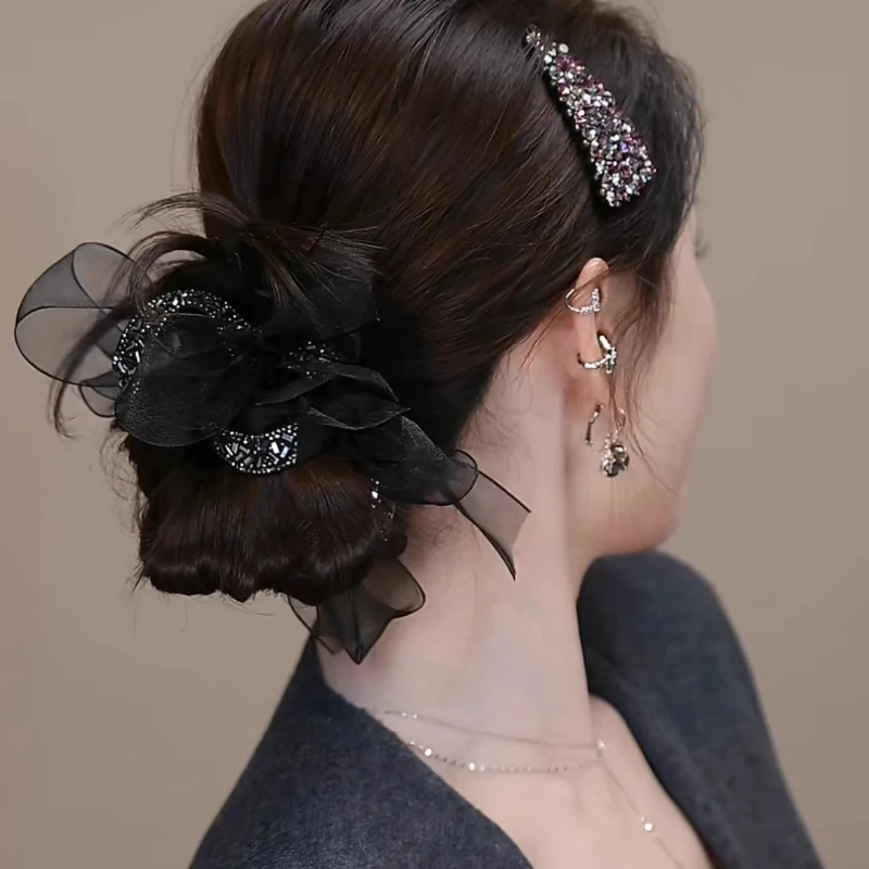 1PCS Diamond Bow Large Intestine Hair Band, Satin Bow Scrunchies Ball Head Rope Fluffy Rubber Band Hair Accessories