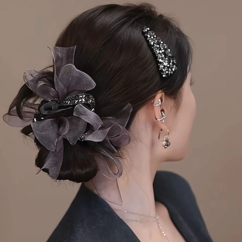 1PCS Diamond Bow Large Intestine Hair Band, Satin Bow Scrunchies Ball Head Rope Fluffy Rubber Band Hair Accessories