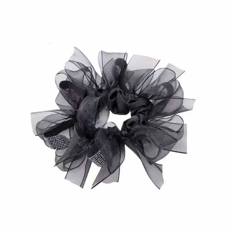 1PCS Diamond Bow Large Intestine Hair Band, Satin Bow Scrunchies Ball Head Rope Fluffy Rubber Band Hair Accessories