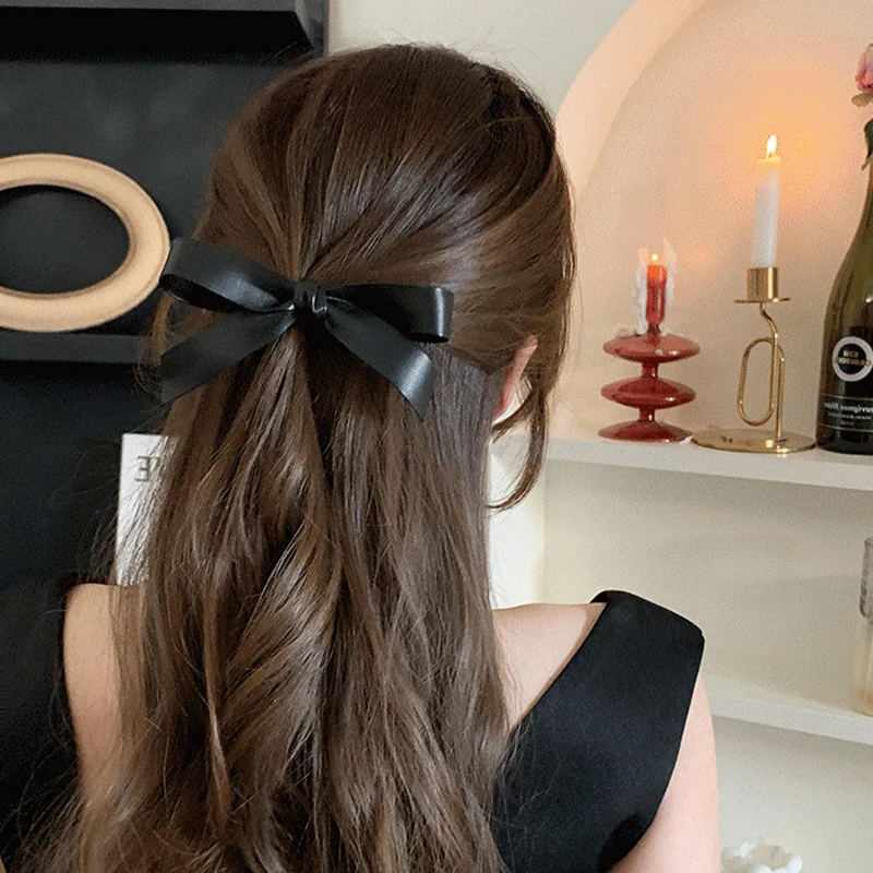 Women's Black Hair Clip French Temperament PU Leather Bow Duckbill Clip Sweet Hair Accessories