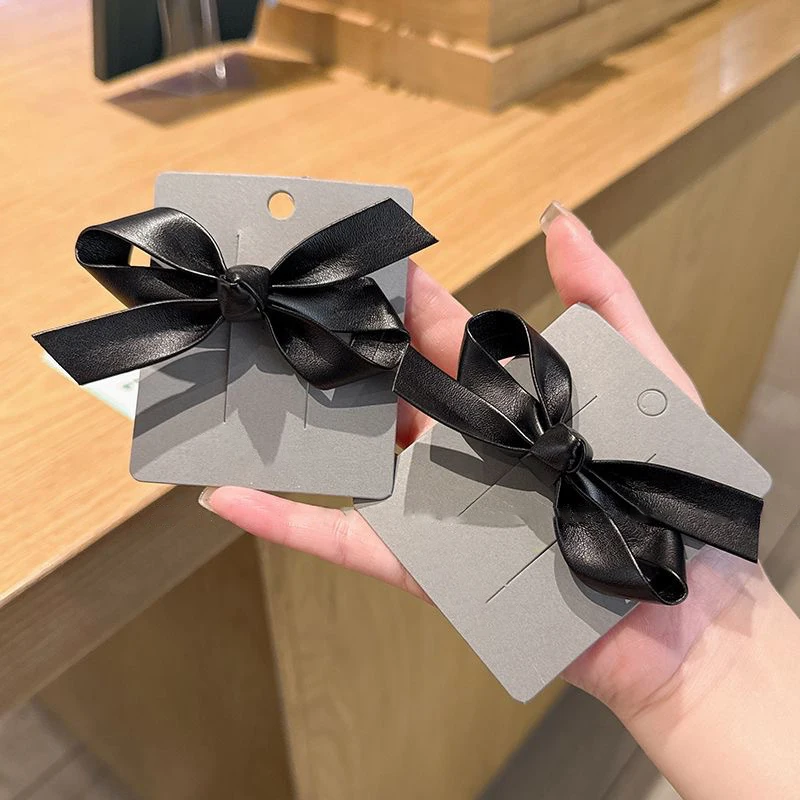 Women's Black Hair Clip French Temperament PU Leather Bow Duckbill Clip Sweet Hair Accessories