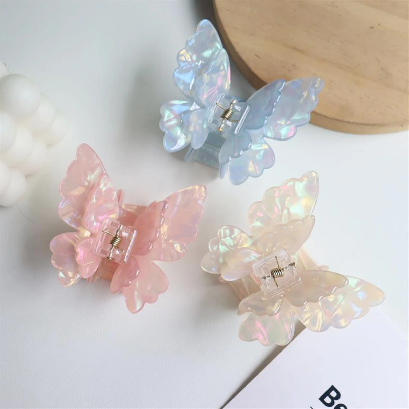 Fairy Butterfly Hair Claw For Women Korean Style Acetic Acid Shark Gripper Exquisite Pearlescent Color Hair Clip Hair Accessory