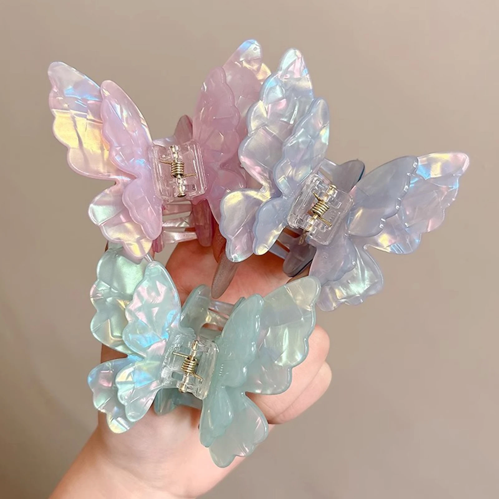 Fairy Butterfly Hair Claw For Women Korean Style Acetic Acid Shark Gripper Exquisite Pearlescent Color Hair Clip Hair Accessory