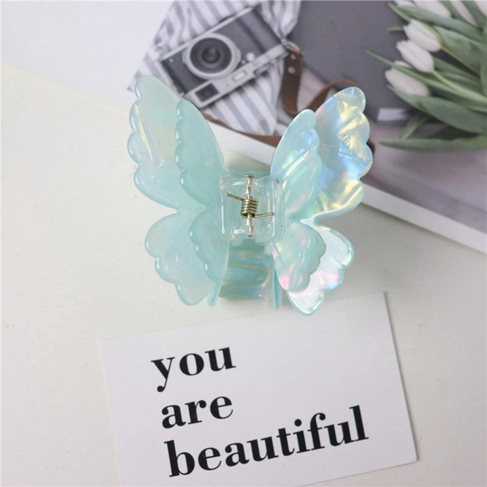 Fairy Butterfly Hair Claw For Women Korean Style Acetic Acid Shark Gripper Exquisite Pearlescent Color Hair Clip Hair Accessory