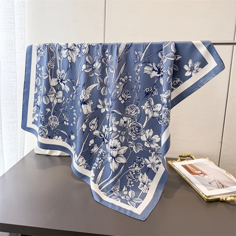 90*90cm Luxury Square Silk Scarf For Women Fashion Print Shawl Warps Elegant Neckerchief Bandanas Hijab Soft Stain Ladies Scarf