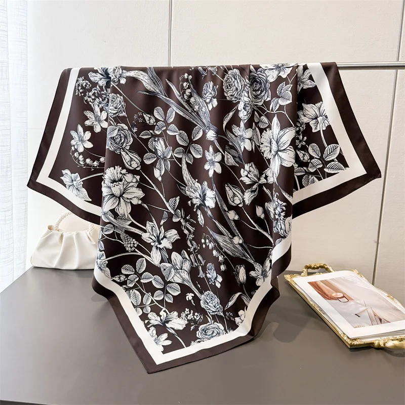 90*90cm Luxury Square Silk Scarf For Women Fashion Print Shawl Warps Elegant Neckerchief Bandanas Hijab Soft Stain Ladies Scarf