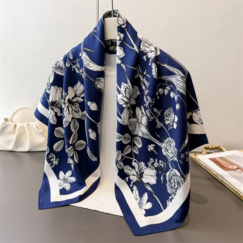90*90cm Luxury Square Silk Scarf For Women Fashion Print Shawl Warps Elegant Neckerchief Bandanas Hijab Soft Stain Ladies Scarf