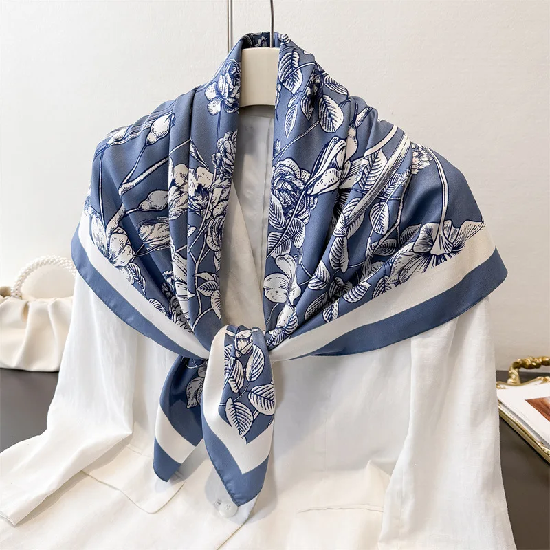 90*90cm Luxury Square Silk Scarf For Women Fashion Print Shawl Warps Elegant Neckerchief Bandanas Hijab Soft Stain Ladies Scarf