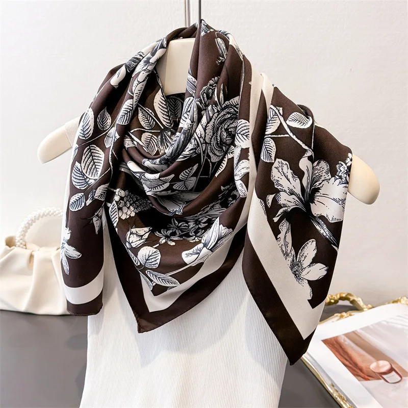 90*90cm Luxury Square Silk Scarf For Women Fashion Print Shawl Warps Elegant Neckerchief Bandanas Hijab Soft Stain Ladies Scarf