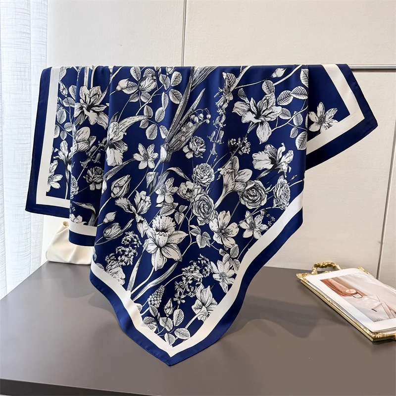90*90cm Luxury Square Silk Scarf For Women Fashion Print Shawl Warps Elegant Neckerchief Bandanas Hijab Soft Stain Ladies Scarf