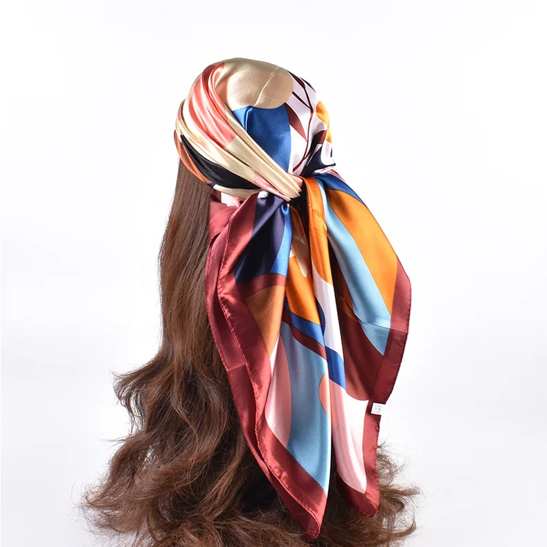 90*90cm Luxury Brand Square Silk Scarf Women Print Scarves Satin Shawl Wrap Hijab Female Headband Bandana Foulard Neckerchief