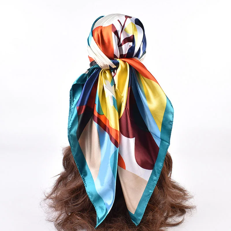 90*90cm Luxury Brand Square Silk Scarf Women Print Scarves Satin Shawl Wrap Hijab Female Headband Bandana Foulard Neckerchief