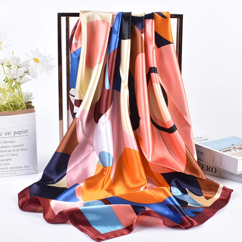 90*90cm Luxury Brand Square Silk Scarf Women Print Scarves Satin Shawl Wrap Hijab Female Headband Bandana Foulard Neckerchief