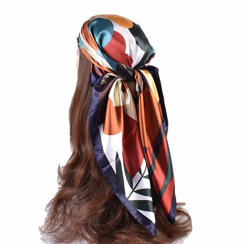 90*90cm Luxury Brand Square Silk Scarf Women Print Scarves Satin Shawl Wrap Hijab Female Headband Bandana Foulard Neckerchief