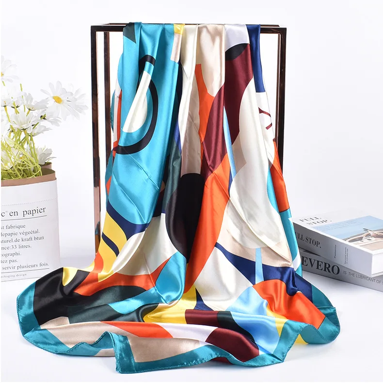 90*90cm Luxury Brand Square Silk Scarf Women Print Scarves Satin Shawl Wrap Hijab Female Headband Bandana Foulard Neckerchief