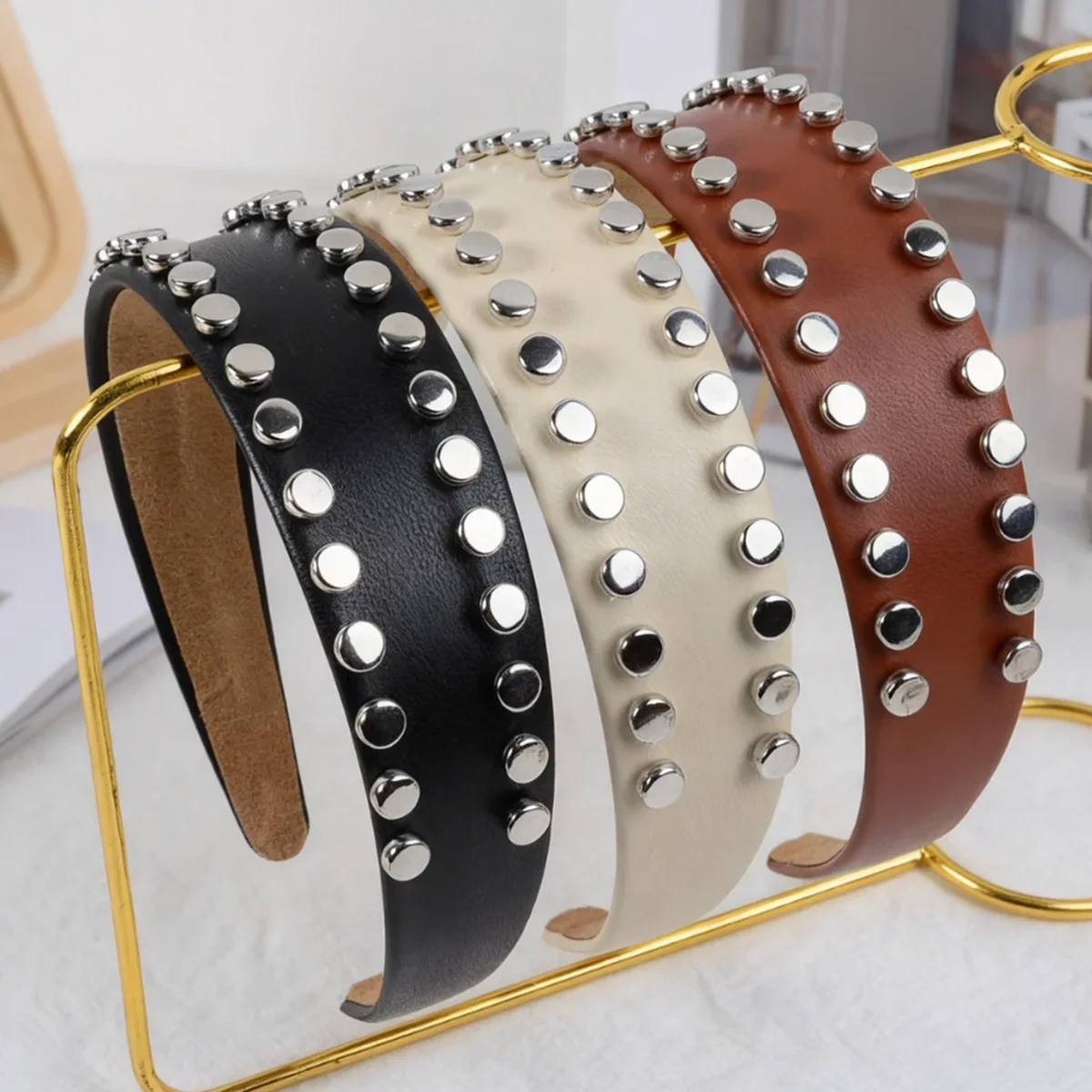 Studded Leather Headbands for Women, Punk Metal Rivet Hair Hoops, Vintage Wide Hair Accessories for Daily Streetwear and Party