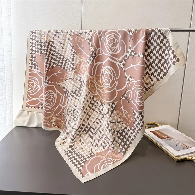 90*90cm Houndstooth Floral Cotton Square Scarf Women Silk Scarves Bandanas Luxury Beach Shawl Wraps Elegant Hijab Neckerchief