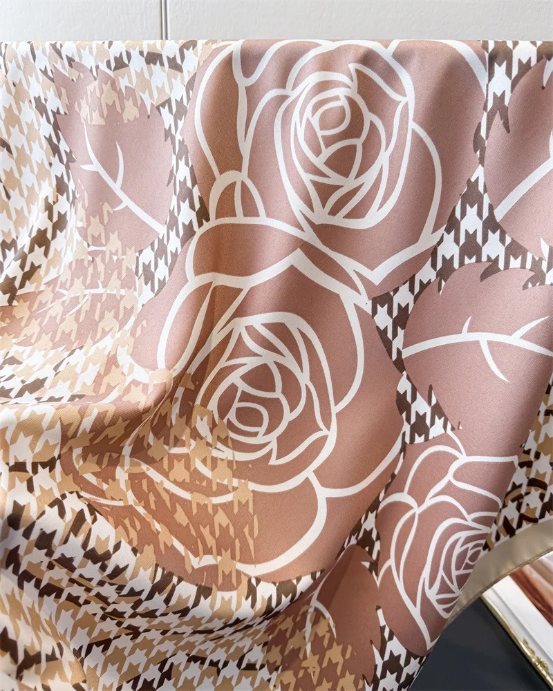 90*90cm Houndstooth Floral Cotton Square Scarf Women Silk Scarves Bandanas Luxury Beach Shawl Wraps Elegant Hijab Neckerchief