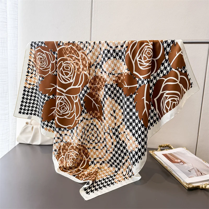 90*90cm Houndstooth Floral Cotton Square Scarf Women Silk Scarves Bandanas Luxury Beach Shawl Wraps Elegant Hijab Neckerchief